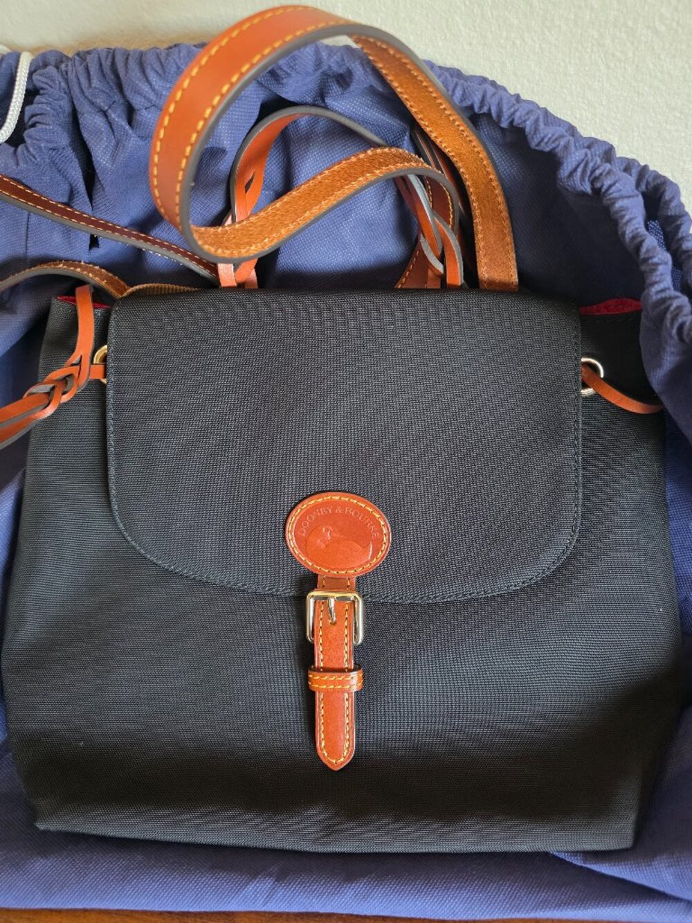 NEW Dooney & Bourke Black Nylon Flap Backpack Brown Leather Trim Blue Dustbag